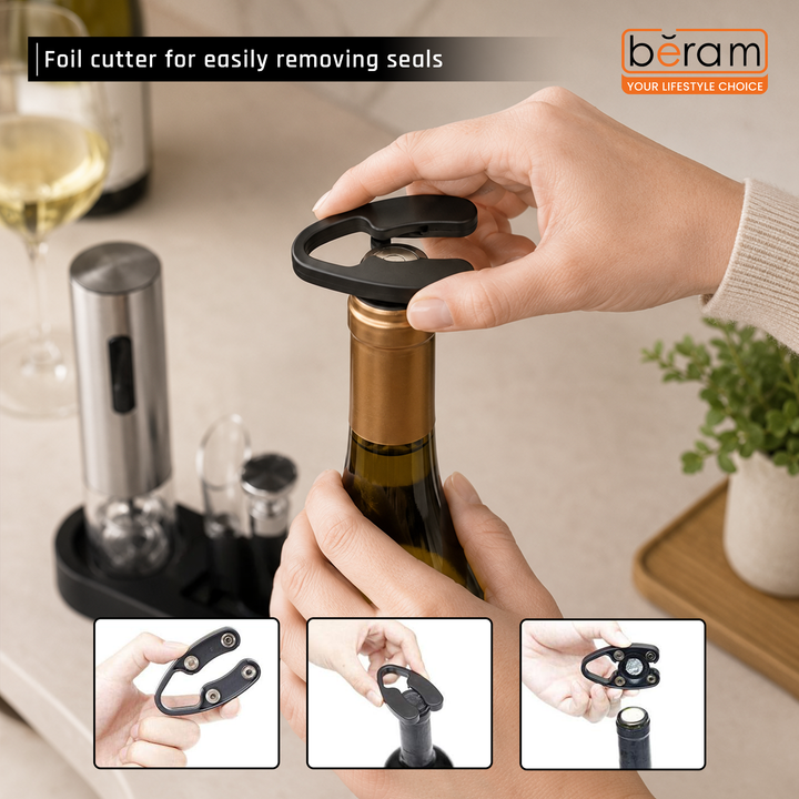 BERAM Electric Wine Opener Set – 5-in-1 Rechargeable Wine Bottle Opener Kit with Automatic Corkscrew, Foil Cutter, Wine Pourer, Stopper & Charging Base