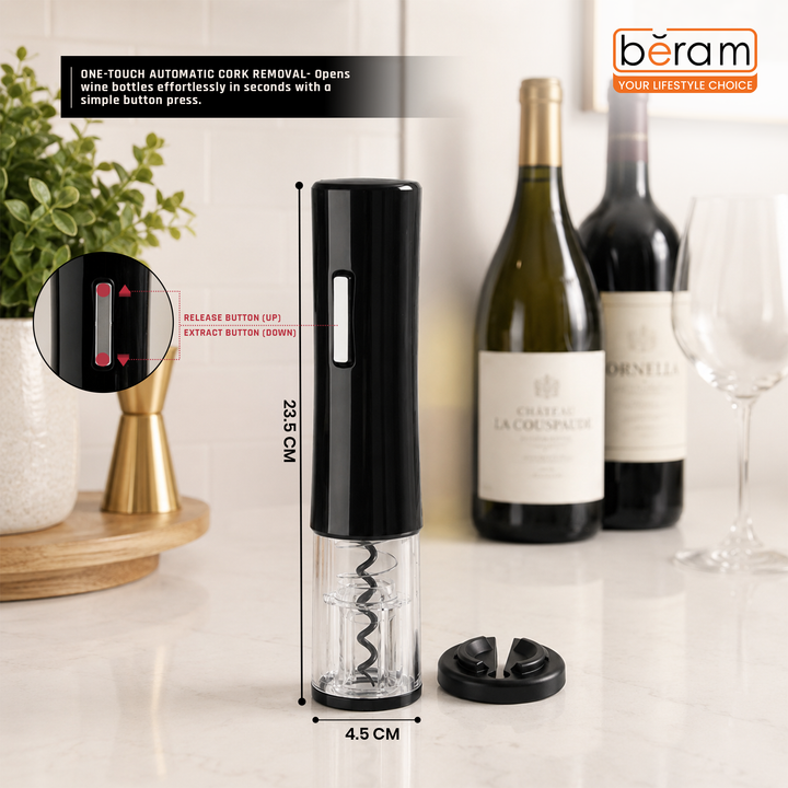BERAM Electric Wine Opener – Transparent  Automatic Bottle Corkscrew with LED Light, One-Touch Button, Matte Finish, Foil Cutter Base & See-Through Shell Design