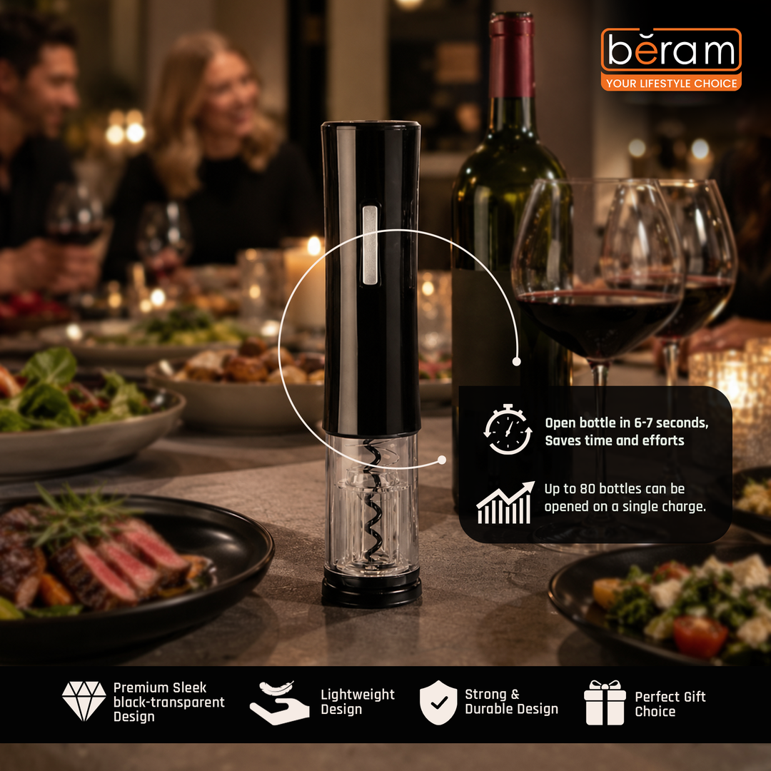 BERAM Electric Wine Opener – Transparent  Automatic Bottle Corkscrew with LED Light, One-Touch Button, Matte Finish, Foil Cutter Base & See-Through Shell Design
