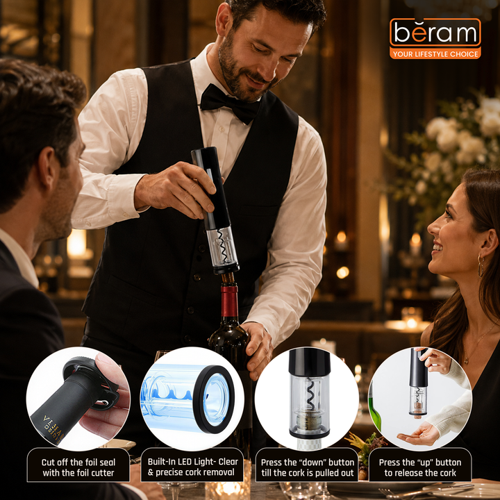 BERAM Electric Wine Opener – Transparent  Automatic Bottle Corkscrew with LED Light, One-Touch Button, Matte Finish, Foil Cutter Base & See-Through Shell Design