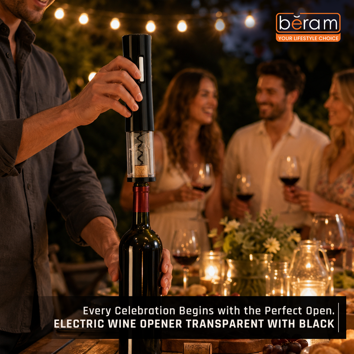BERAM Electric Wine Opener – Transparent  Automatic Bottle Corkscrew with LED Light, One-Touch Button, Matte Finish, Foil Cutter Base & See-Through Shell Design