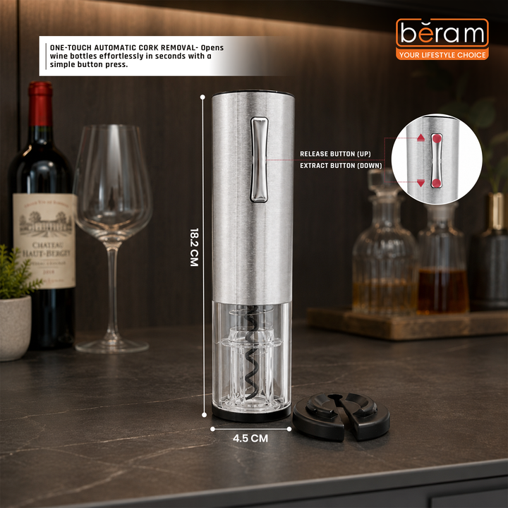 BERAM Electric Wine Opener – Transparent  Automatic Bottle Corkscrew with LED Light, One-Touch Button, Matte Finish, Foil Cutter Base & See-Through Shell Design