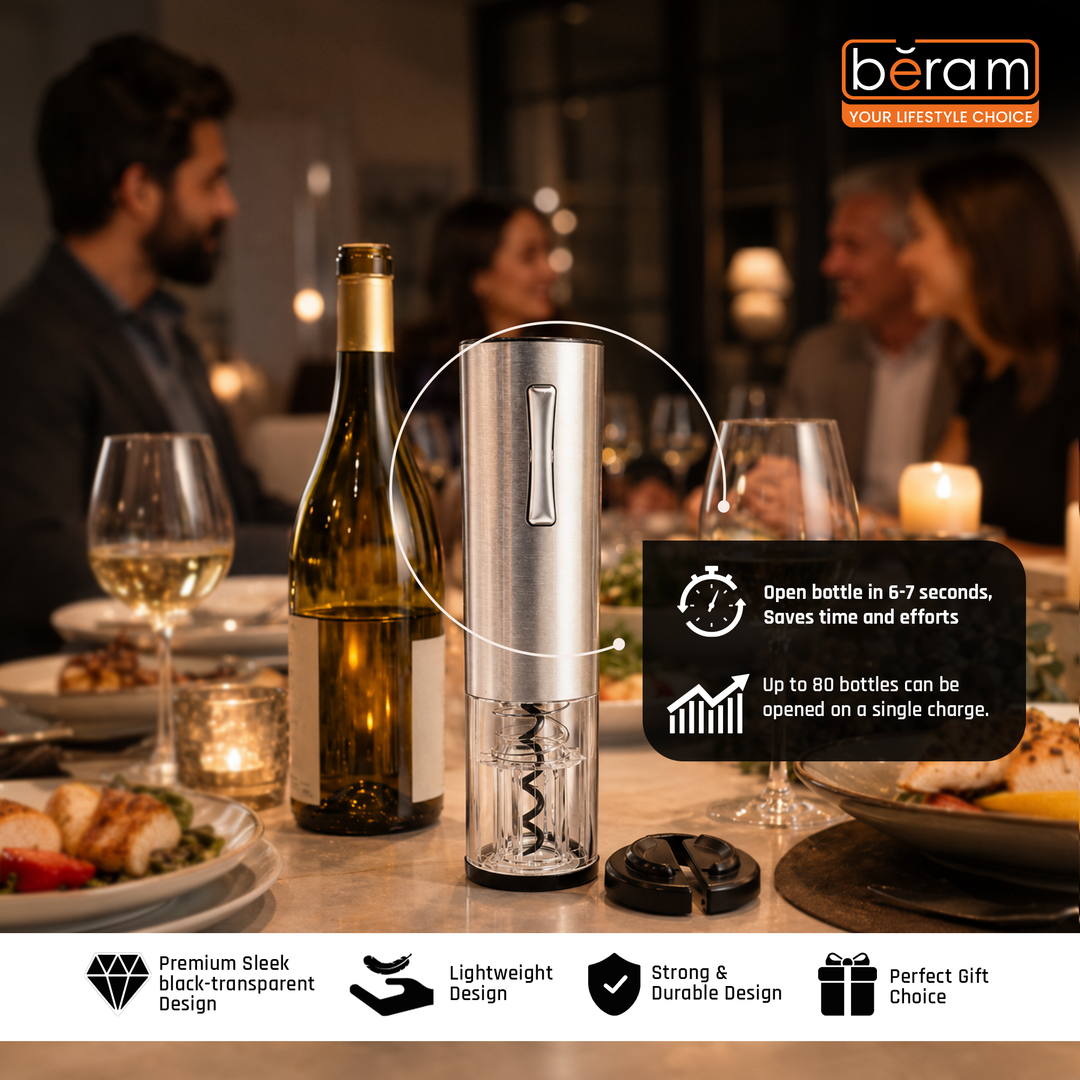 BERAM Electric Wine Opener – Transparent  Automatic Bottle Corkscrew with LED Light, One-Touch Button, Matte Finish, Foil Cutter Base & See-Through Shell Design