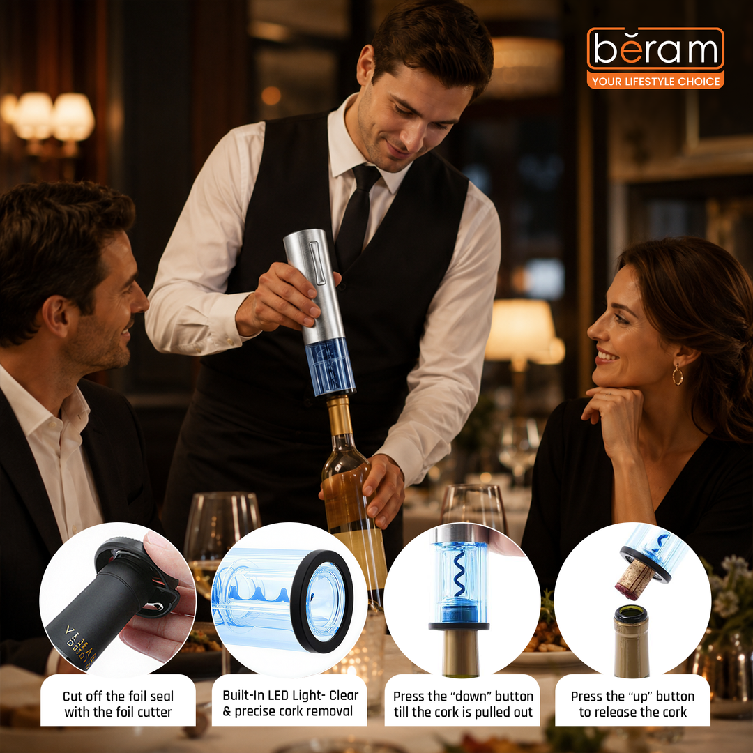 BERAM Electric Wine Opener – Transparent  Automatic Bottle Corkscrew with LED Light, One-Touch Button, Matte Finish, Foil Cutter Base & See-Through Shell Design