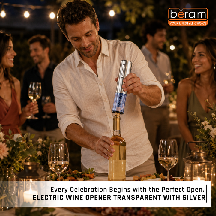 BERAM Electric Wine Opener – Transparent  Automatic Bottle Corkscrew with LED Light, One-Touch Button, Matte Finish, Foil Cutter Base & See-Through Shell Design