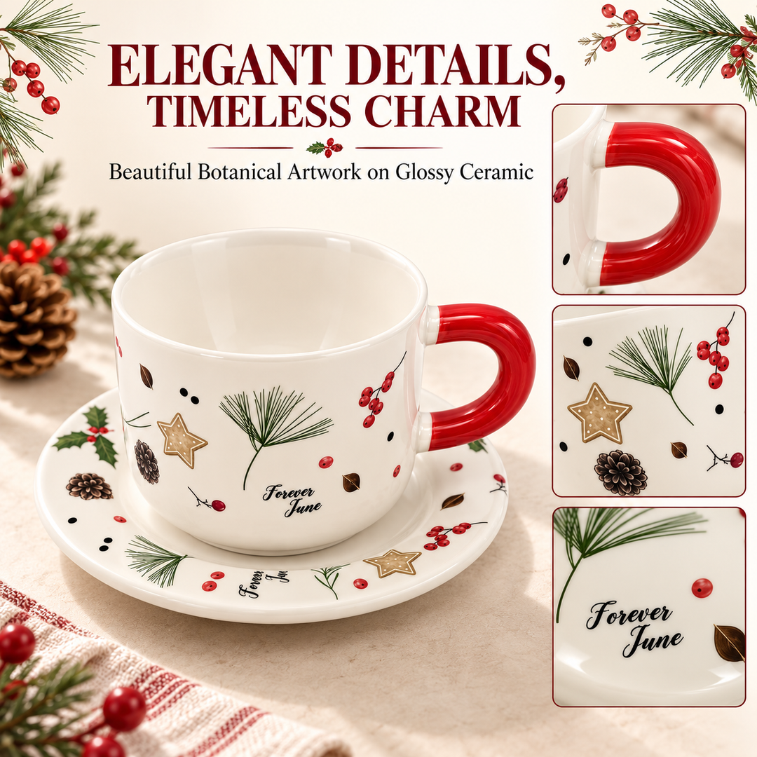 Ceramic Coffee Cup and Saucer Set, Tea Cup with Handle, Elegant White Porcelain Style Cup and Matching Saucer with Botanical Floral Design for Coffee, Tea, Cappuccino and Home Serving