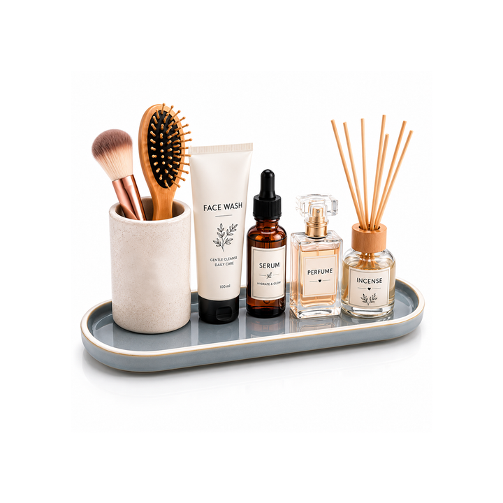 Beram Bathroom Storage Rack with Grey Ceramic Multipurpose Elliptical Tray, Durable Rust-Resistant Countertop Organizer for Toiletries, Skincare, Cosmetics and Everyday Essentials