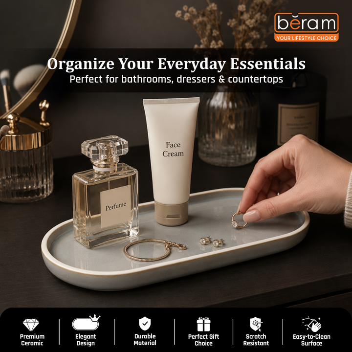 Beram Bathroom Storage Rack with Grey Ceramic Multipurpose Elliptical Tray, Durable Rust-Resistant Countertop Organizer for Toiletries, Skincare, Cosmetics and Everyday Essentials