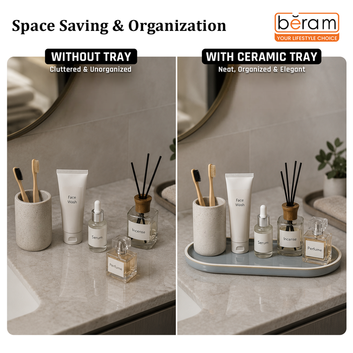 Beram Bathroom Storage Rack with Grey Ceramic Multipurpose Elliptical Tray, Durable Rust-Resistant Countertop Organizer for Toiletries, Skincare, Cosmetics and Everyday Essentials