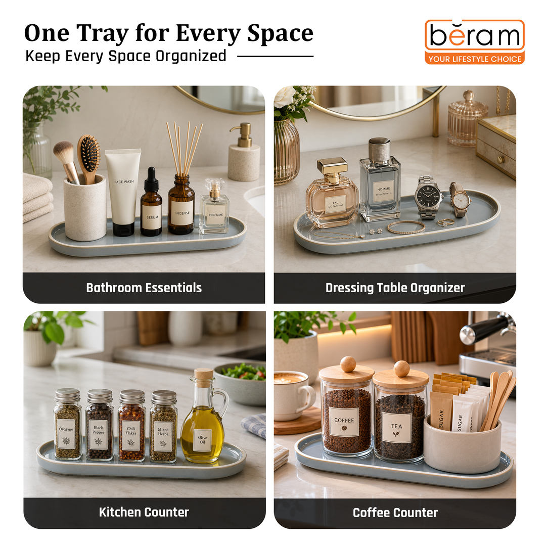 Beram Bathroom Storage Rack with Grey Ceramic Multipurpose Elliptical Tray, Durable Rust-Resistant Countertop Organizer for Toiletries, Skincare, Cosmetics and Everyday Essentials