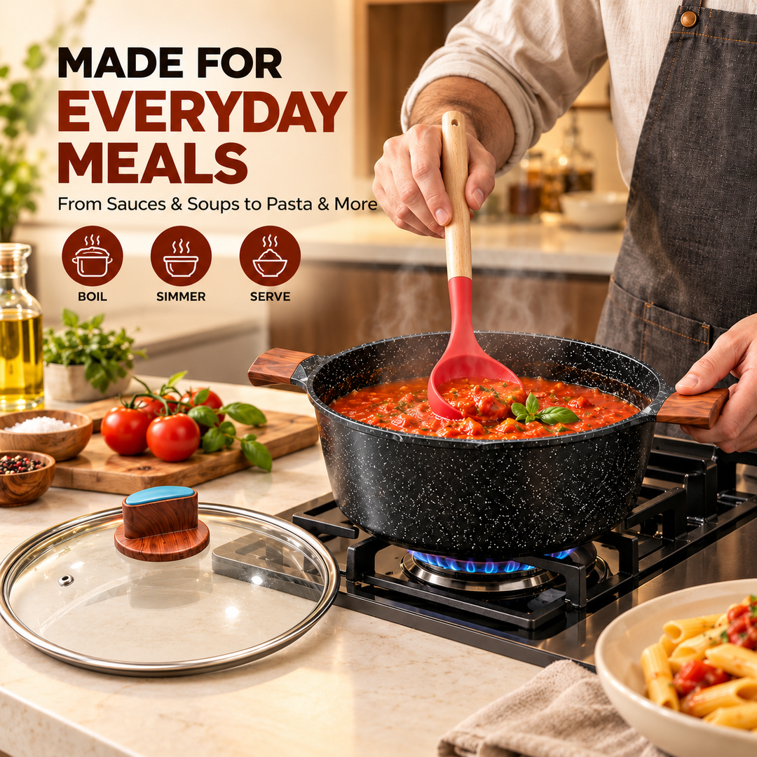 BMN 12 Piece Granite Cookware Set Non Stick Pots and Pans with Lids, Aluminium Casserole 20 24 28 cm, Deep Fry Pan 28 cm, Wok 34 cm, Induction Compatible Cooking Set