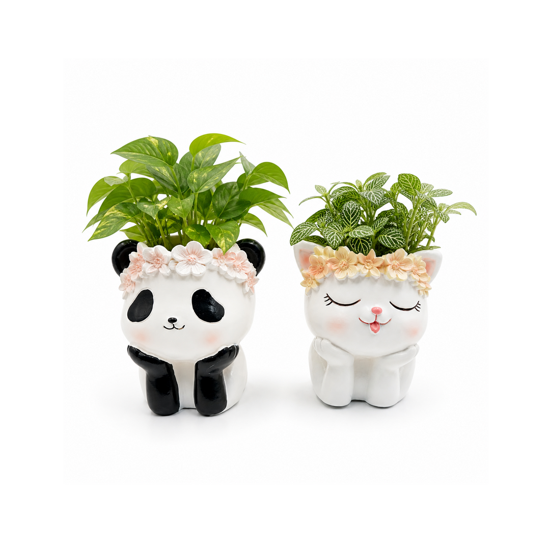 Fantasy 2PCS Flower Pot Set Kitty and Panda Polyresin Cute Animal Succulent Planters with Flower Crown Decorative Mini Vase Indoor Outdoor Home Office Desk Decor Pen Pencil Holder Propagator Kit