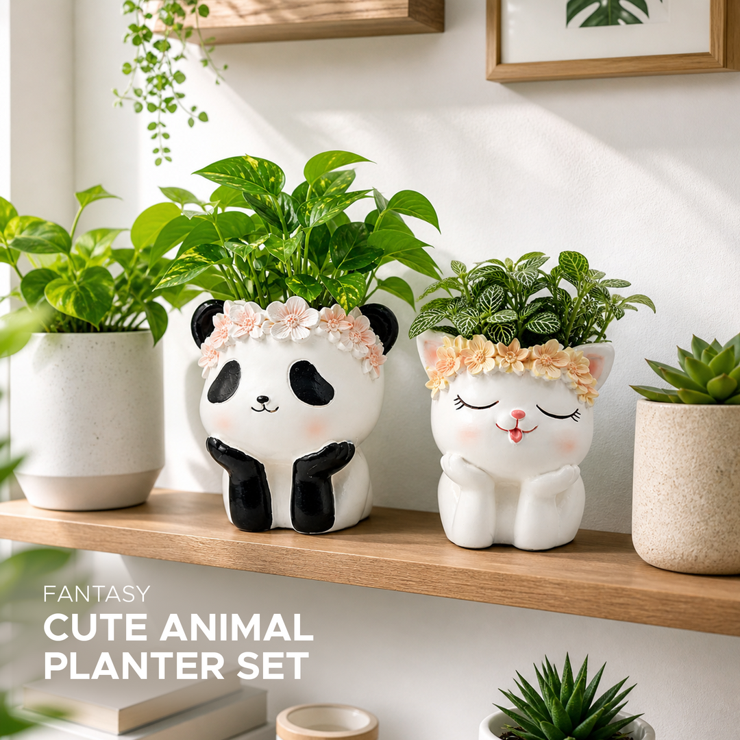 Fantasy 2PCS Flower Pot Set Kitty and Panda Polyresin Cute Animal Succulent Planters with Flower Crown Decorative Mini Vase Indoor Outdoor Home Office Desk Decor Pen Pencil Holder Propagator Kit
