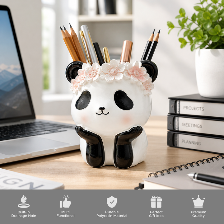 Fantasy 2PCS Flower Pot Set Kitty and Panda Polyresin Cute Animal Succulent Planters with Flower Crown Decorative Mini Vase Indoor Outdoor Home Office Desk Decor Pen Pencil Holder Propagator Kit