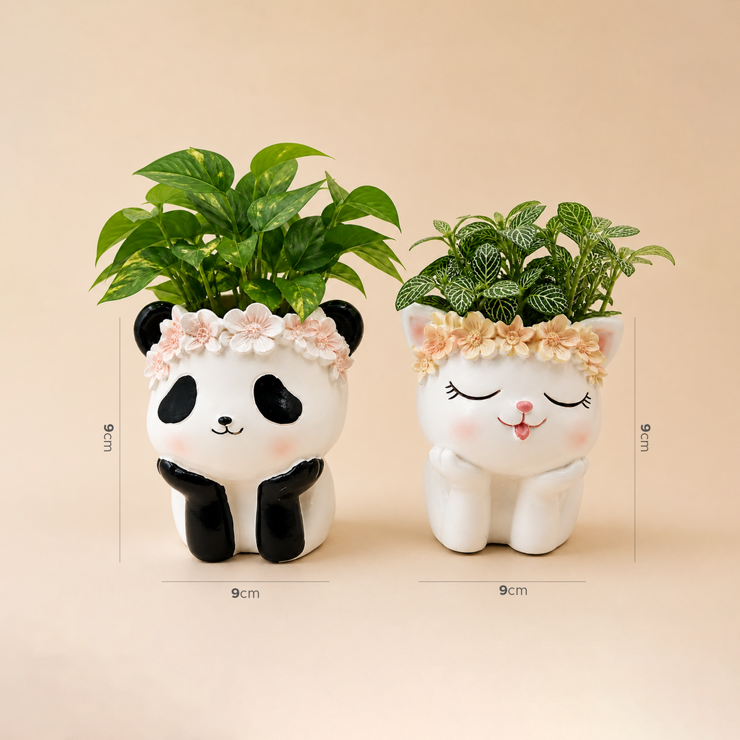 Fantasy 2PCS Flower Pot Set Kitty and Panda Polyresin Cute Animal Succulent Planters with Flower Crown Decorative Mini Vase Indoor Outdoor Home Office Desk Decor Pen Pencil Holder Propagator Kit