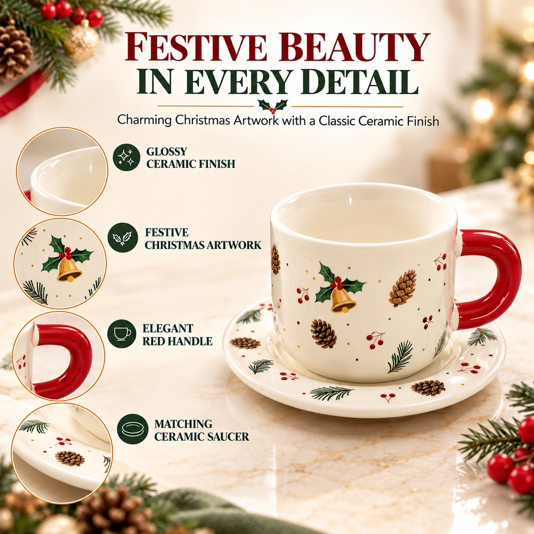 Ceramic Coffee Cup and Saucer Set, Tea Cup with Handle, Elegant White Porcelain Style Cup and Matching Saucer with Botanical Floral Design for Coffee, Tea, Cappuccino and Home Serving