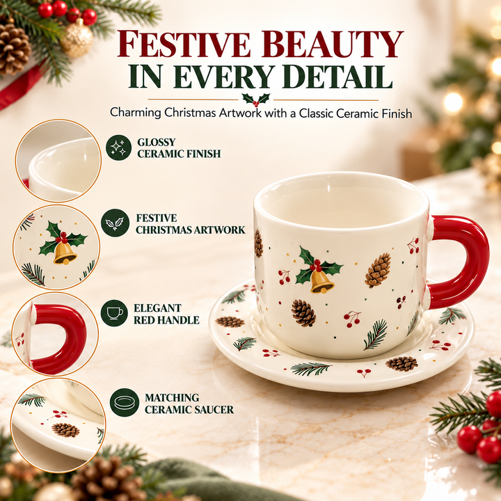 Ceramic Coffee Cup and Saucer Set, Tea Cup with Handle, Elegant White Porcelain Style Cup and Matching Saucer with Botanical Floral Design for Coffee, Tea, Cappuccino and Home Serving