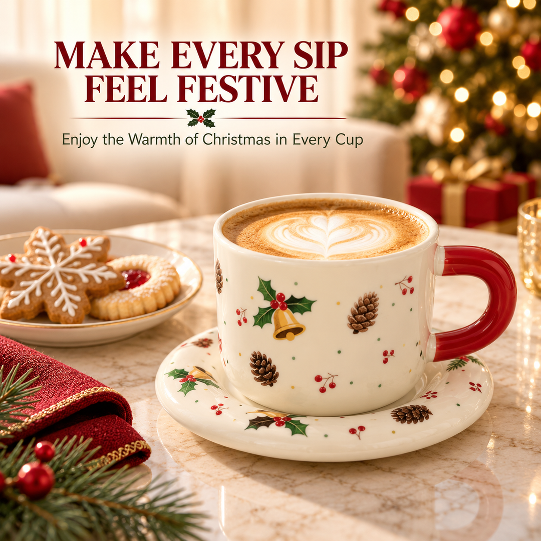 Ceramic Coffee Cup and Saucer Set, Tea Cup with Handle, Elegant White Porcelain Style Cup and Matching Saucer with Botanical Floral Design for Coffee, Tea, Cappuccino and Home Serving