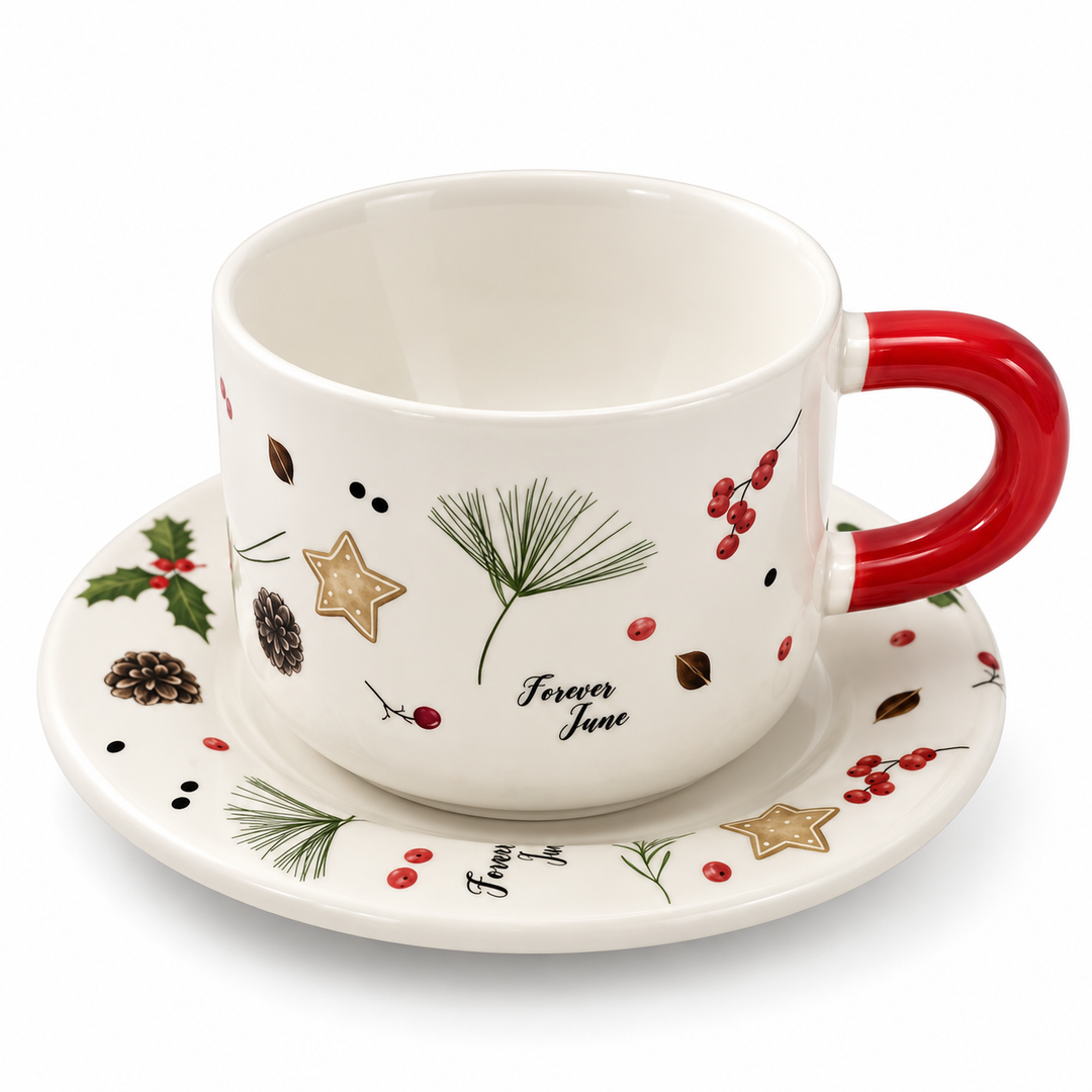 Ceramic Coffee Cup and Saucer Set, Tea Cup with Handle, Elegant White Porcelain Style Cup and Matching Saucer with Botanical Floral Design for Coffee, Tea, Cappuccino and Home Serving
