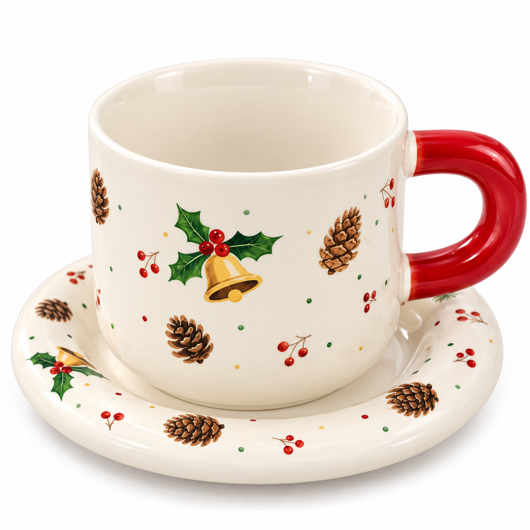Ceramic Coffee Cup and Saucer Set, Tea Cup with Handle, Elegant White Porcelain Style Cup and Matching Saucer with Botanical Floral Design for Coffee, Tea, Cappuccino and Home Serving