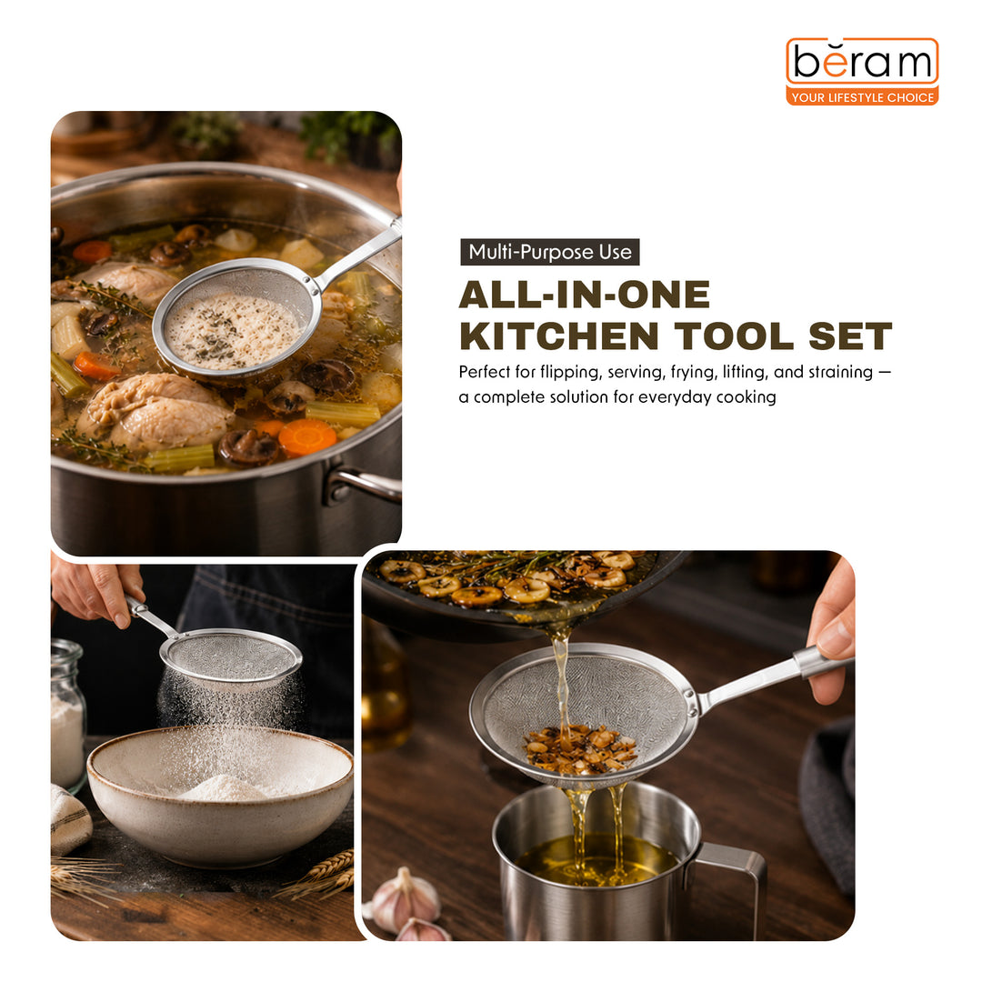 BERAM Fine Mesh Food Strainer Skimmer Stainless Steel Skimmer Ladle Elegant Design Cooking Utensils Kitchen Tool for Frying Straining and Draining