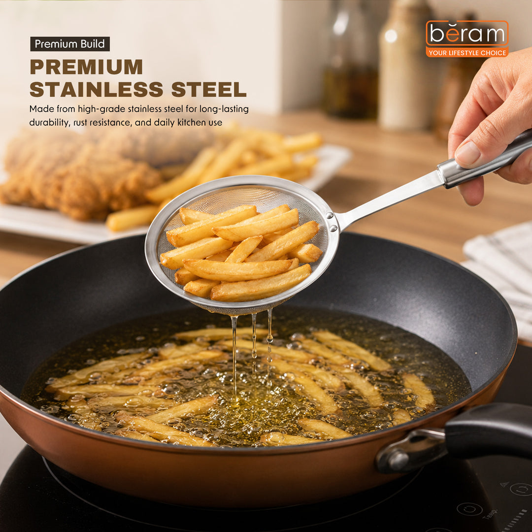 BERAM Fine Mesh Food Strainer Skimmer Stainless Steel Skimmer Ladle Elegant Design Cooking Utensils Kitchen Tool for Frying Straining and Draining