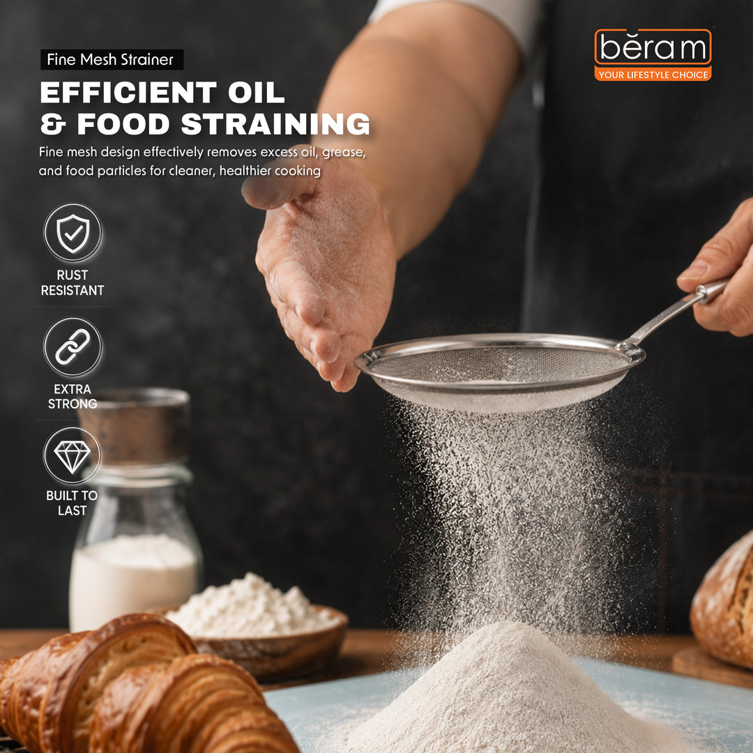 BERAM Fine Mesh Food Strainer Skimmer Stainless Steel Skimmer Ladle Elegant Design Cooking Utensils Kitchen Tool for Frying Straining and Draining