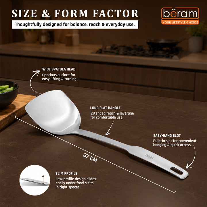 BERAM Stainless Steel Spatula, Cooking Utensil, Flat Handle Kitchen Tool, 304 Stainless Steel, 100% Food Grade, Compact, Lightweight, Elegant Design, Silver