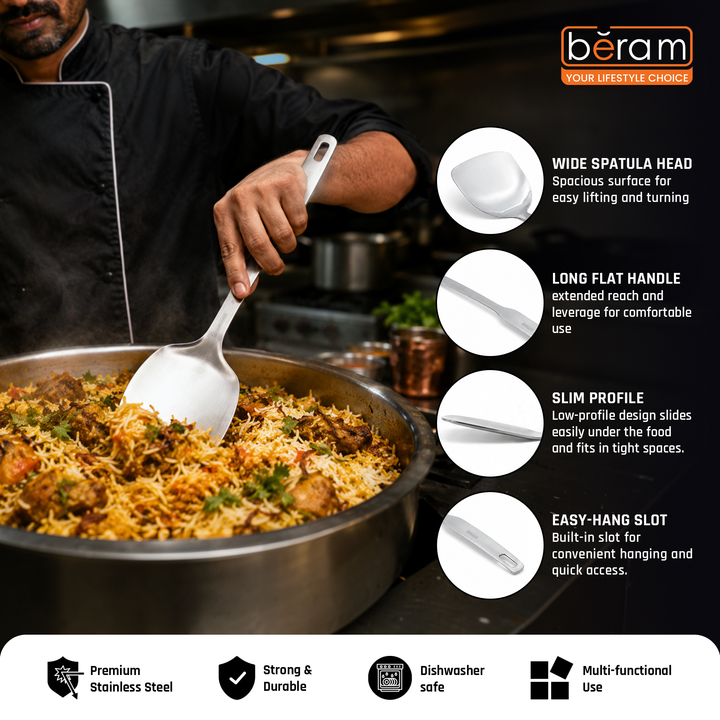 BERAM Stainless Steel Spatula, Cooking Utensil, Flat Handle Kitchen Tool, 304 Stainless Steel, 100% Food Grade, Compact, Lightweight, Elegant Design, Silver