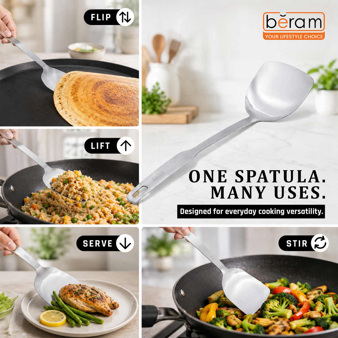 BERAM Stainless Steel Spatula, Cooking Utensil, Flat Handle Kitchen Tool, 304 Stainless Steel, 100% Food Grade, Compact, Lightweight, Elegant Design, Silver