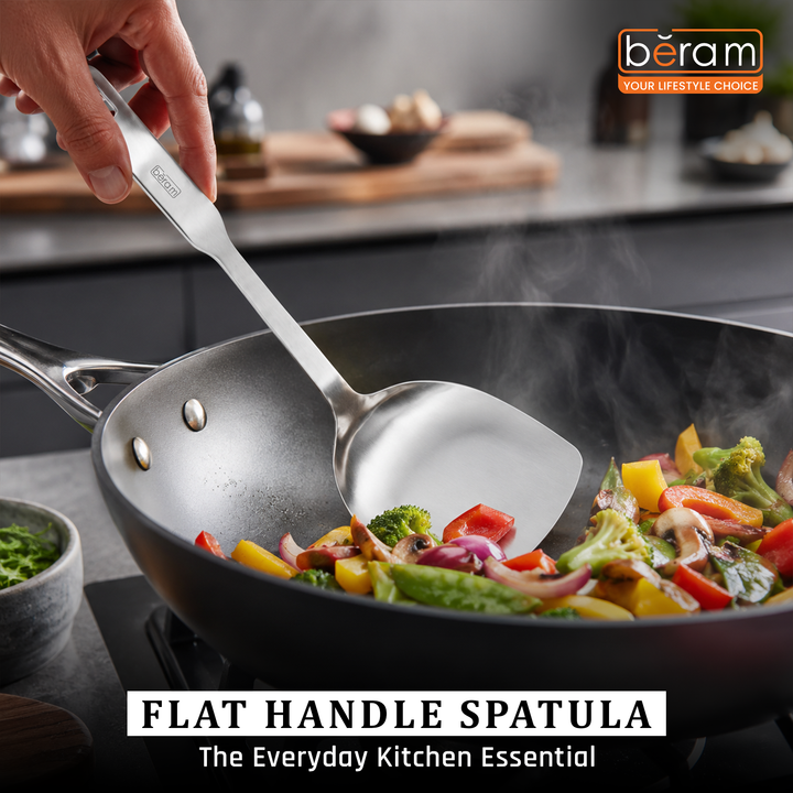 BERAM Stainless Steel Spatula, Cooking Utensil, Flat Handle Kitchen Tool, 304 Stainless Steel, 100% Food Grade, Compact, Lightweight, Elegant Design, Silver