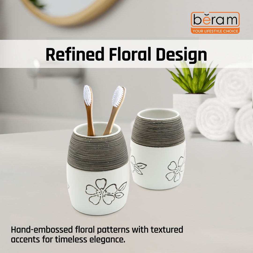 Beram 4Pcs Ceramic Bathroom and Kitchen Accessory Set Elegant Floral Embossed Design Toileteries with Soap Dispenser Tumbler/Toothbrush holder & Soap Dish White & Black Flower design (4 Pieces Set)