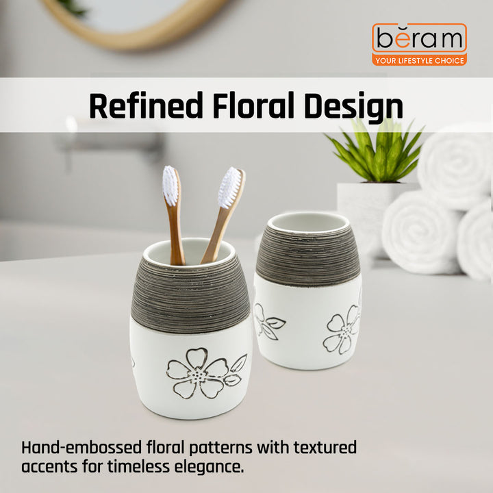 Beram 4Pcs Ceramic Bathroom and Kitchen Accessory Set Elegant Floral Embossed Design Toileteries with Soap Dispenser Tumbler/Toothbrush holder & Soap Dish White & Black Flower design (4 Pieces Set)