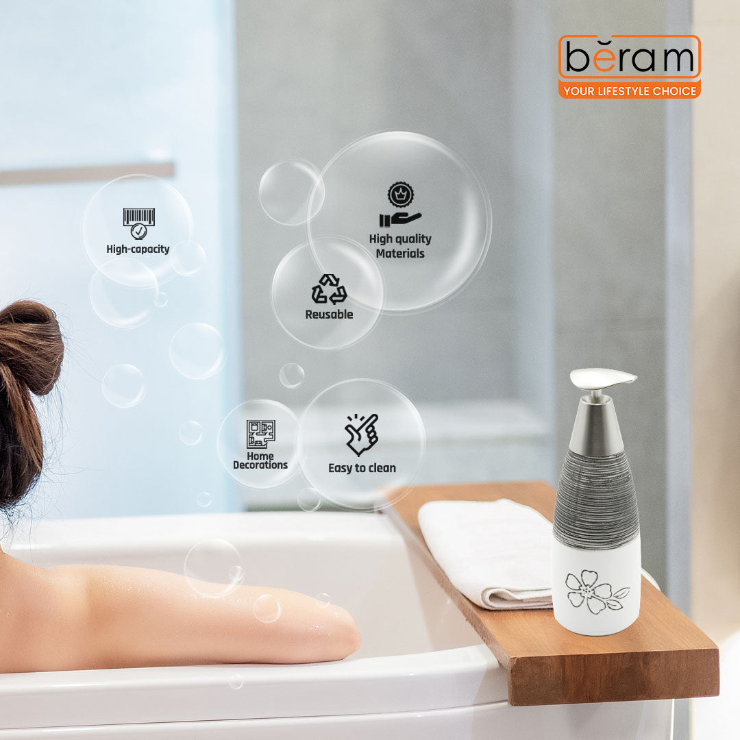 Beram 4Pcs Ceramic Bathroom and Kitchen Accessory Set Elegant Floral Embossed Design Toileteries with Soap Dispenser Tumbler/Toothbrush holder & Soap Dish White & Black Flower design (4 Pieces Set)