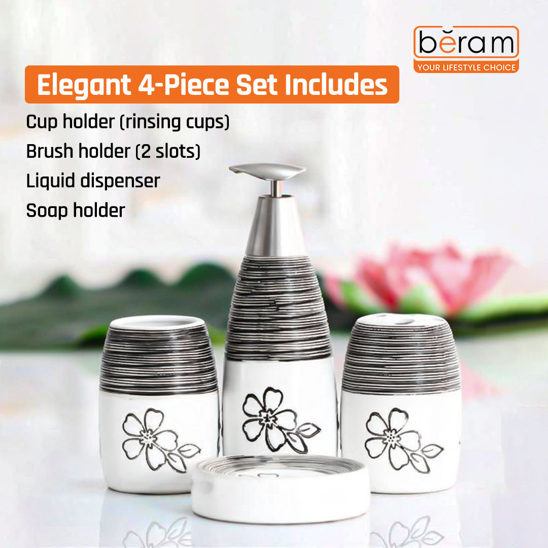 Beram 4Pcs Ceramic Bathroom and Kitchen Accessory Set Elegant Floral Embossed Design Toileteries with Soap Dispenser Tumbler/Toothbrush holder & Soap Dish White & Black Flower design (4 Pieces Set)