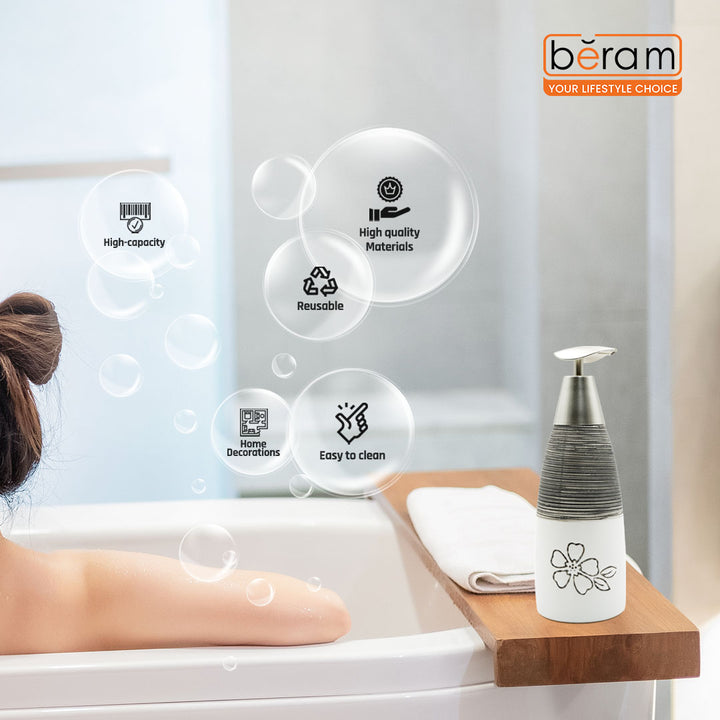 Beram 300ml White & Black Flower Design Ceramic Bathroom Accessory Elegant Floral Embossed Soap & Lotion Dispenser Modern Refillable Pump Bottle for Kitchen Vanity & Wash Basin Decor