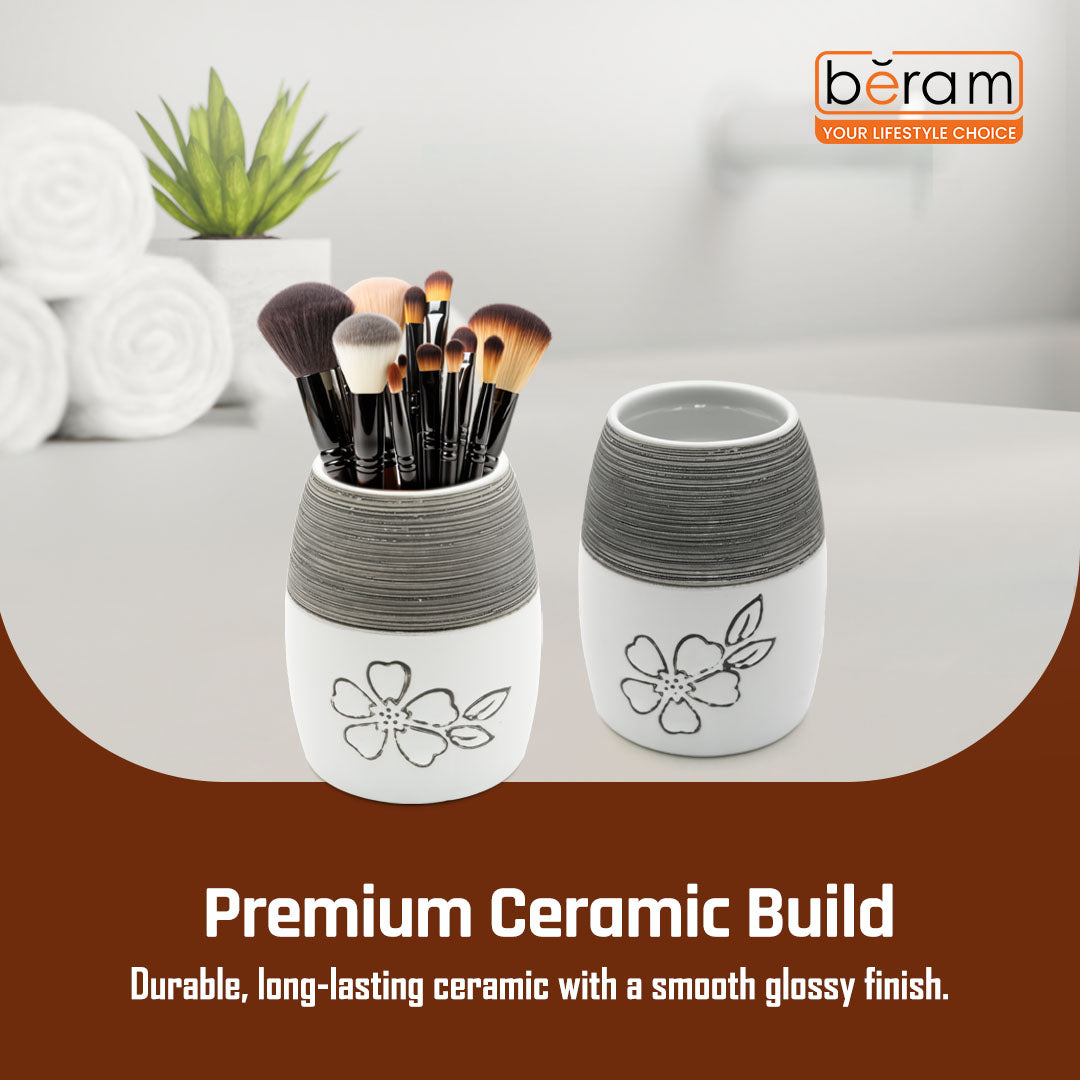 Beram 4Pcs Ceramic Bathroom and Kitchen Accessory Set Elegant Floral Embossed Design Toileteries with Soap Dispenser Tumbler/Toothbrush holder & Soap Dish White & Black Flower design (4 Pieces Set)