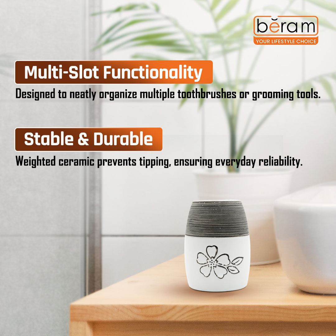 Beram 4Pcs Ceramic Bathroom and Kitchen Accessory Set Elegant Floral Embossed Design Toileteries with Soap Dispenser Tumbler/Toothbrush holder & Soap Dish White & Black Flower design (4 Pieces Set)