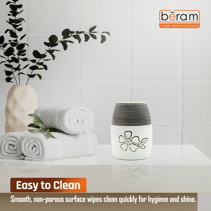 Beram 4Pcs Ceramic Bathroom and Kitchen Accessory Set Elegant Floral Embossed Design Toileteries with Soap Dispenser Tumbler/Toothbrush holder & Soap Dish White & Black Flower design (4 Pieces Set)