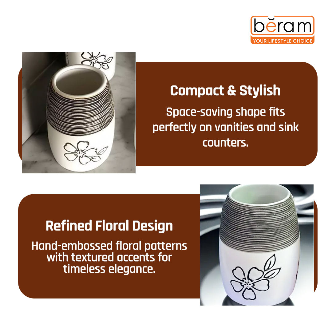 Beram 4Pcs Ceramic Bathroom and Kitchen Accessory Set Elegant Floral Embossed Design Toileteries with Soap Dispenser Tumbler/Toothbrush holder & Soap Dish White & Black Flower design (4 Pieces Set)