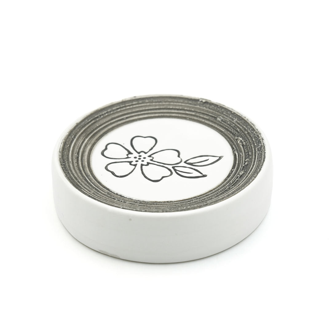 Beram 4Pcs Ceramic Bathroom and Kitchen Accessory Set Elegant Floral Embossed Design Toileteries with Soap Dispenser Tumbler/Toothbrush holder & Soap Dish White & Black Flower design (4 Pieces Set)