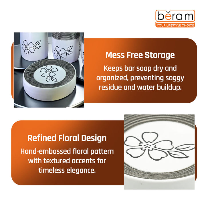 Beram 4Pcs Ceramic Bathroom and Kitchen Accessory Set Elegant Floral Embossed Design Toileteries with Soap Dispenser Tumbler/Toothbrush holder & Soap Dish White & Black Flower design (4 Pieces Set)