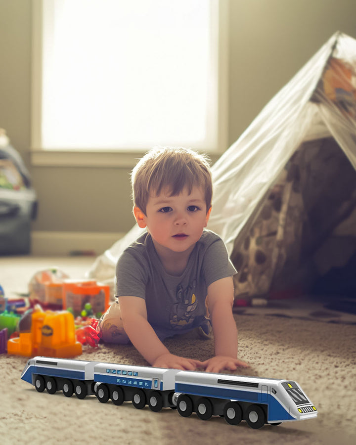 Playtive Wooden French Express Train Set – 3-Piece Magnetic Toy Train for Kids Age 2+, Real Wood Construction, TÜV Rheinland Certified, GS Safety Tested, Imaginative Play, Durable, Educational Railway Toy for Toddlers and Preschoolers
