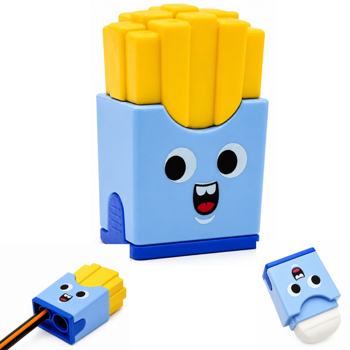 French Fries Pencil Sharpener with Eraser, Cute Cartoon Manual Pencil Sharpener with Attractive Design, Novelty Desk Sharpener for School, Office, Home, Study and Everyday Use