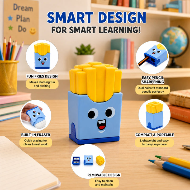 French Fries Pencil Sharpener with Eraser, Cute Cartoon Manual Pencil Sharpener with Attractive Design, Novelty Desk Sharpener for School, Office, Home, Study and Everyday Use
