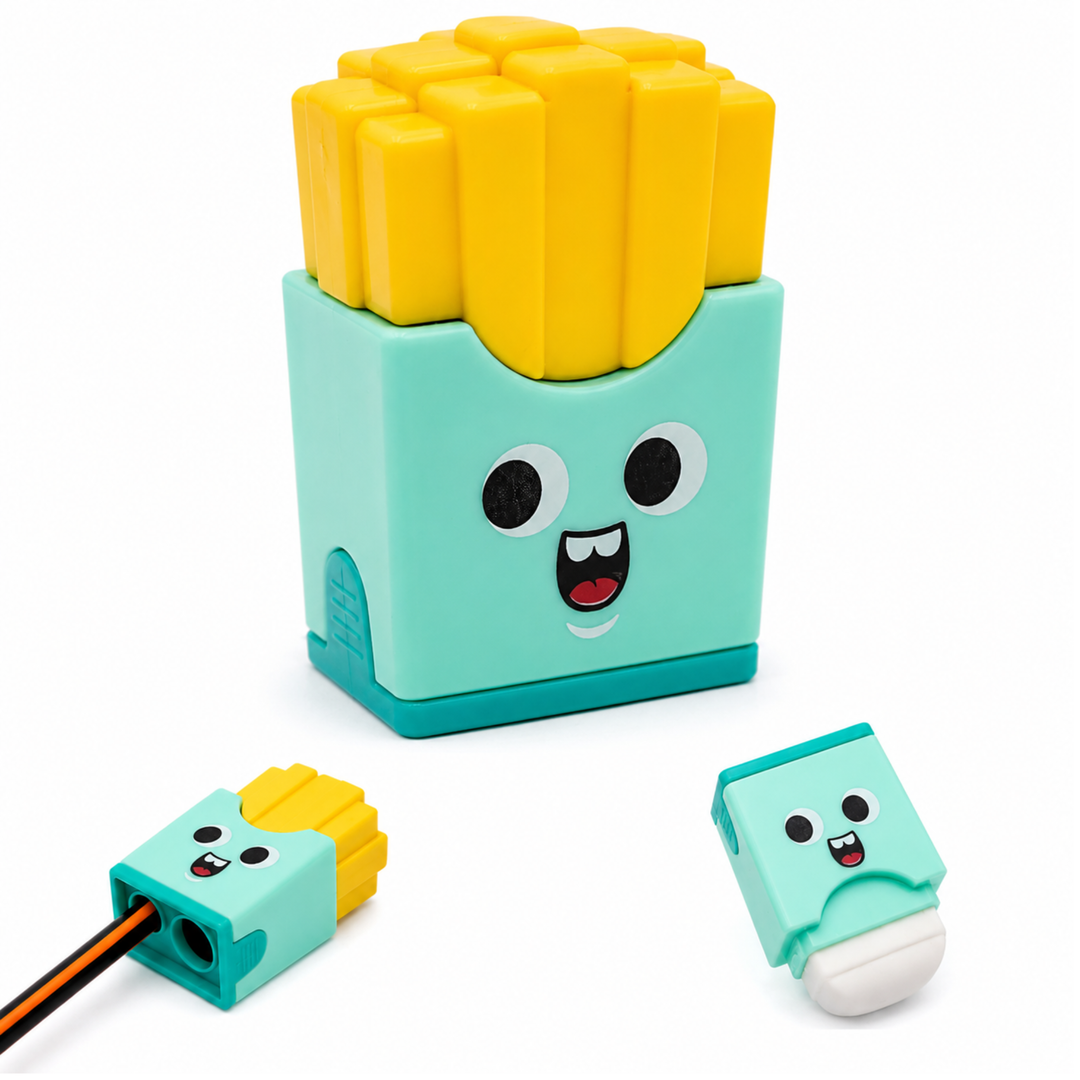 French Fries Pencil Sharpener with Eraser, Cute Cartoon Manual Pencil Sharpener with Attractive Design, Novelty Desk Sharpener for School, Office, Home, Study and Everyday Use
