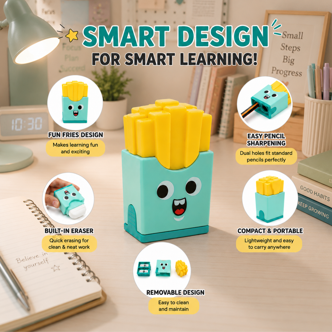 French Fries Pencil Sharpener with Eraser, Cute Cartoon Manual Pencil Sharpener with Attractive Design, Novelty Desk Sharpener for School, Office, Home, Study and Everyday Use
