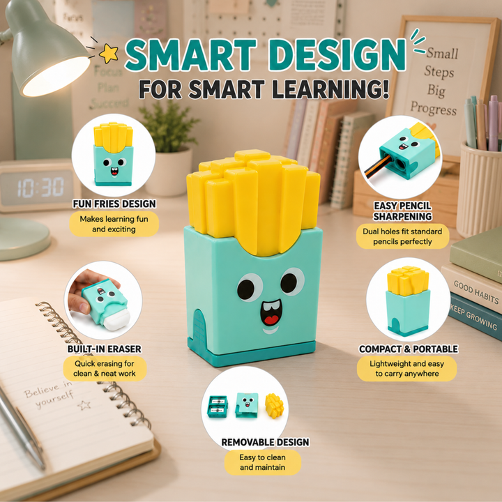 French Fries Pencil Sharpener with Eraser, Cute Cartoon Manual Pencil Sharpener with Attractive Design, Novelty Desk Sharpener for School, Office, Home, Study and Everyday Use