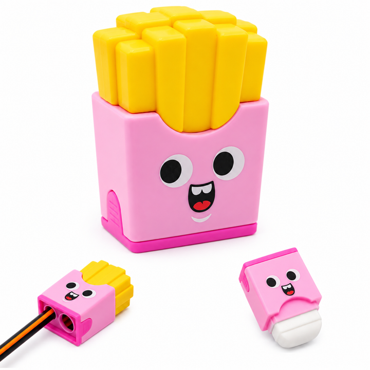 French Fries Pencil Sharpener with Eraser, Cute Cartoon Manual Pencil Sharpener with Attractive Design, Novelty Desk Sharpener for School, Office, Home, Study and Everyday Use