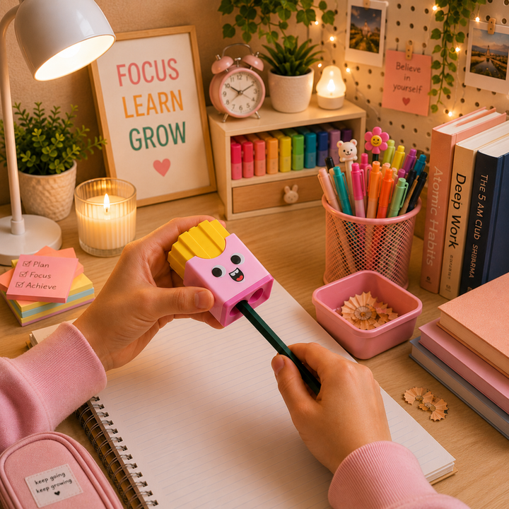 French Fries Pencil Sharpener with Eraser, Cute Cartoon Manual Pencil Sharpener with Attractive Design, Novelty Desk Sharpener for School, Office, Home, Study and Everyday Use
